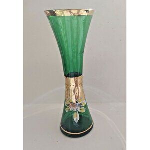 Bohemia Art Glass Vase Hand Blown - Gold Gilded- Enamel Florals 7" Tall